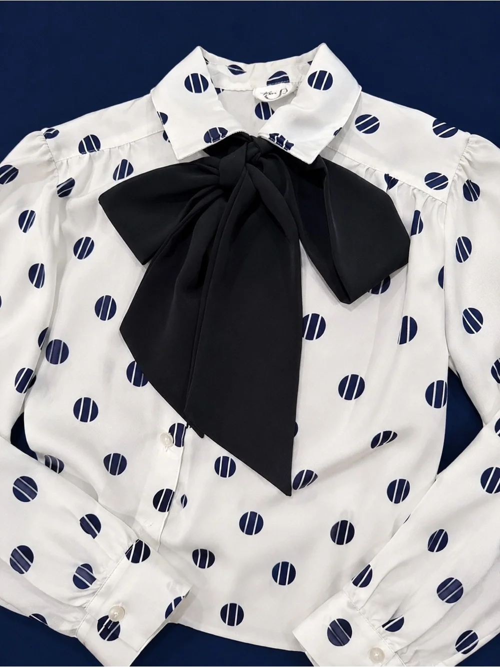 Polka Dot Tie-Neck Blouse - White/Navy - Picture 3 of 3